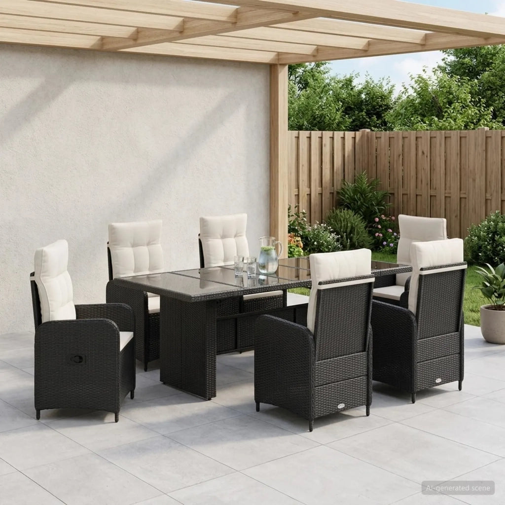 Set da pranzo per esterni 7 pz Nero e Bianco Crema polyrattan 3422382