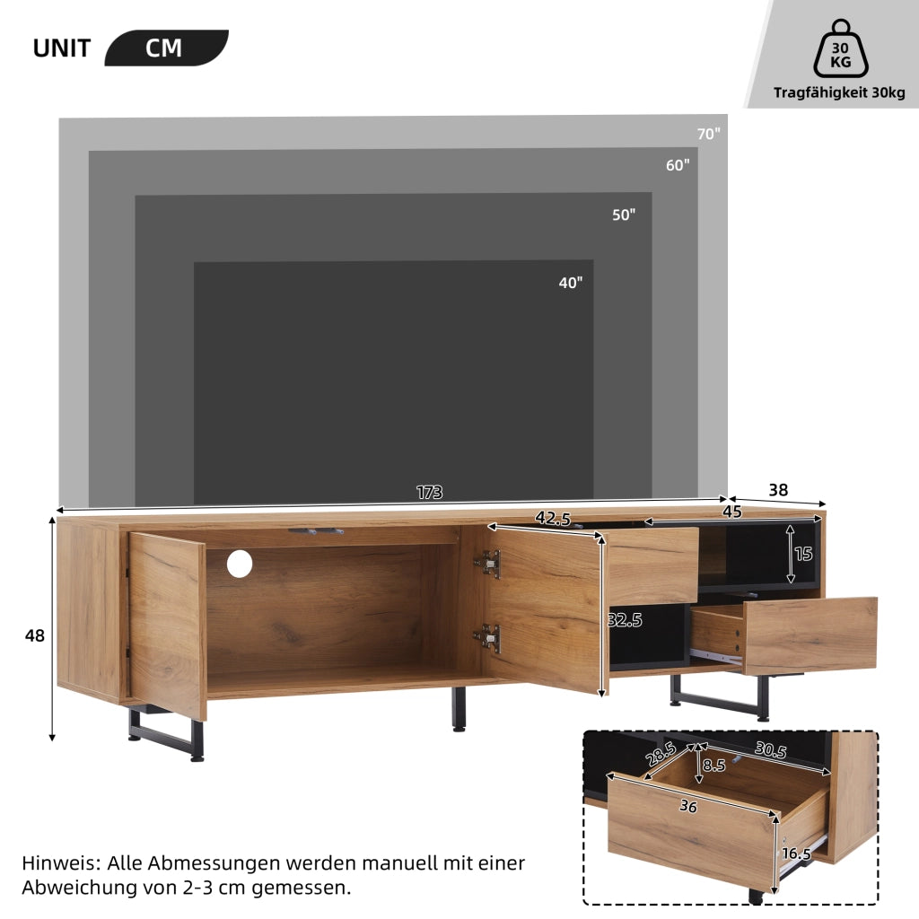 Mobile porta tv con due ante, due ripiani aperti e due cassetti diagonali in legno, 173 × 38 × 48 cm