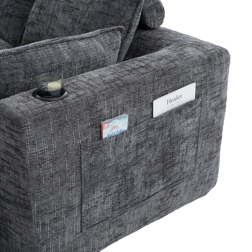 Divano modulare 4 posti con 2 pouf in ciniglia grigia; 322x161x75 cm