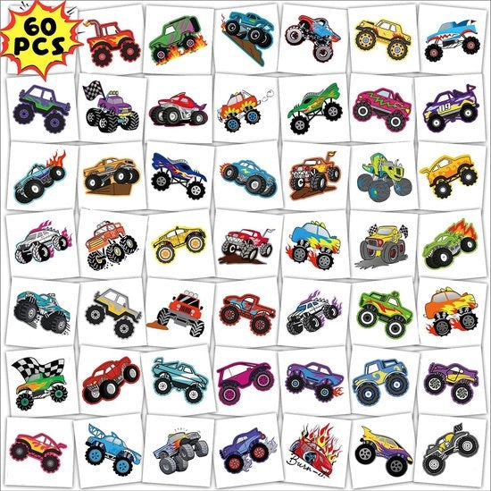 Tatuaggi temporanei da 60 pezzi - Monster truck/Racing car - Simulatore di tatuaggi - Sticker tatuaggi falsi - Carta di alta qualità - 5 x 5 cm - Tatuaggi per auto
