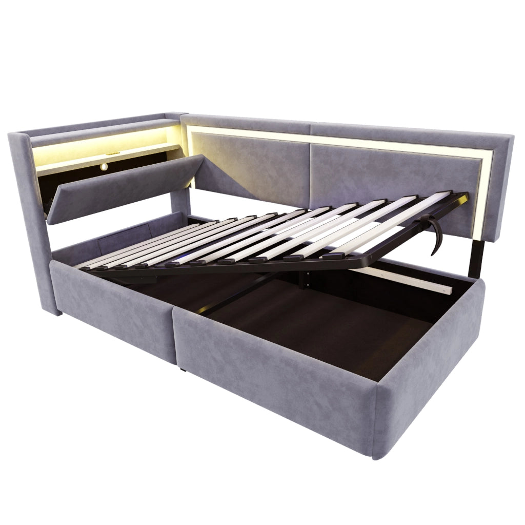 Divano letto 90x200 cm in velluto grigio chiaro con contenitore; LED e porte USB