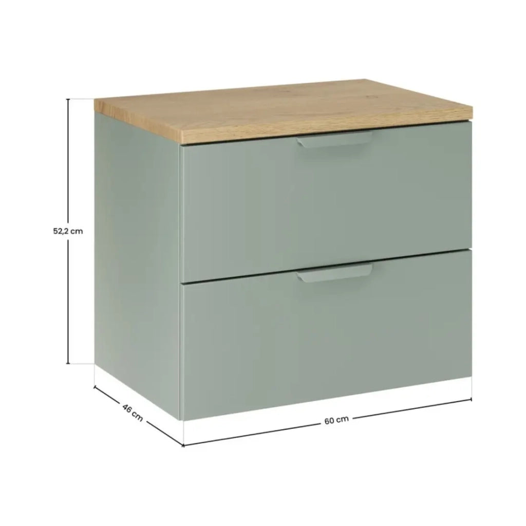 Set da bagno sospeso OSTER 60cm: mobile sotto lavabo con cassetti verde salvia + piano per lavabo effetto rovere chiaro