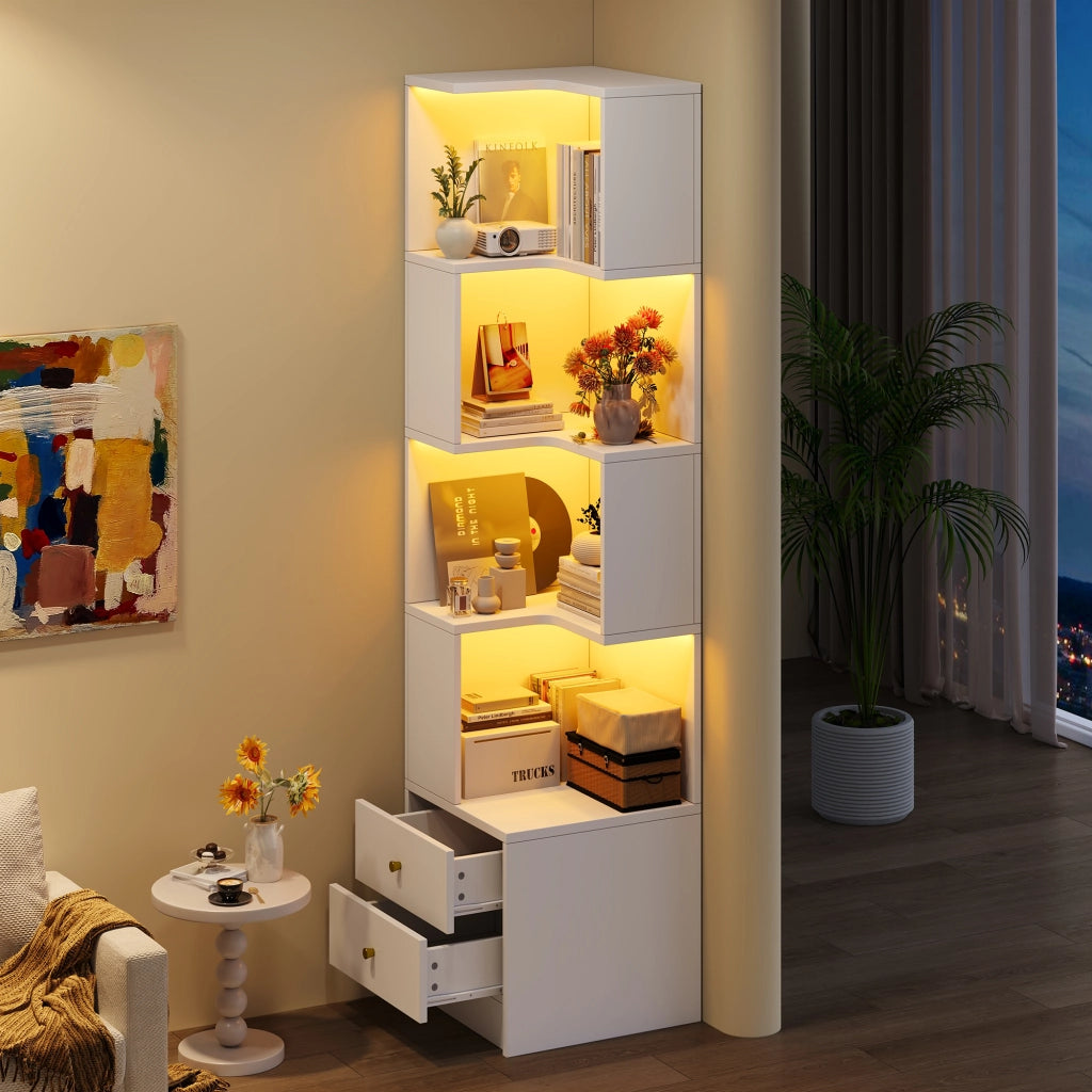 Libreria angolare a L con illuminazione LED controllabile da app, 45 x 43,5 x 180 cm, bianca