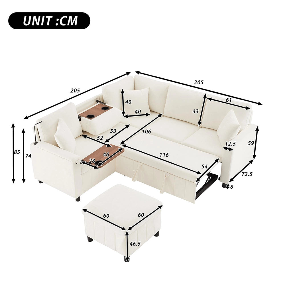 Divano letto angolare in velluto - Xylo - 205x205x85 cm - Beige - Con pouf, luce, USB, tavolo nascosto