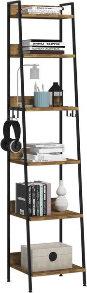 Libreria a 6 Ripiani, Scaffale con 4 Ganci Industriale, Scaffale a Scala in MDF e Metallo per Soggiorno, Cucina, Studio, Ufficio,Nero,41x36x187cm RGB930hov