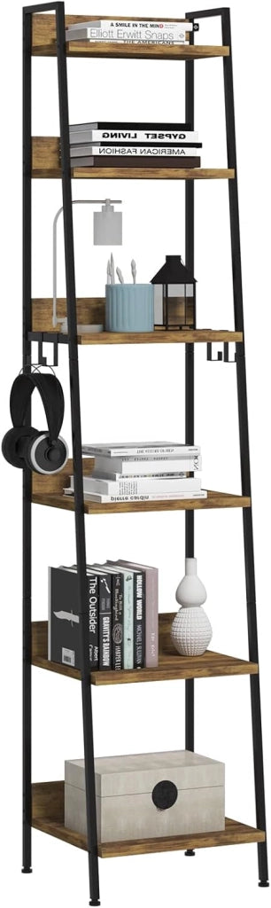 Libreria a 6 Ripiani, Scaffale con 4 Ganci Industriale, Scaffale a Scala in MDF e Metallo per Soggiorno, Cucina, Studio, Ufficio,Nero,41x36x187cm RGB930hov