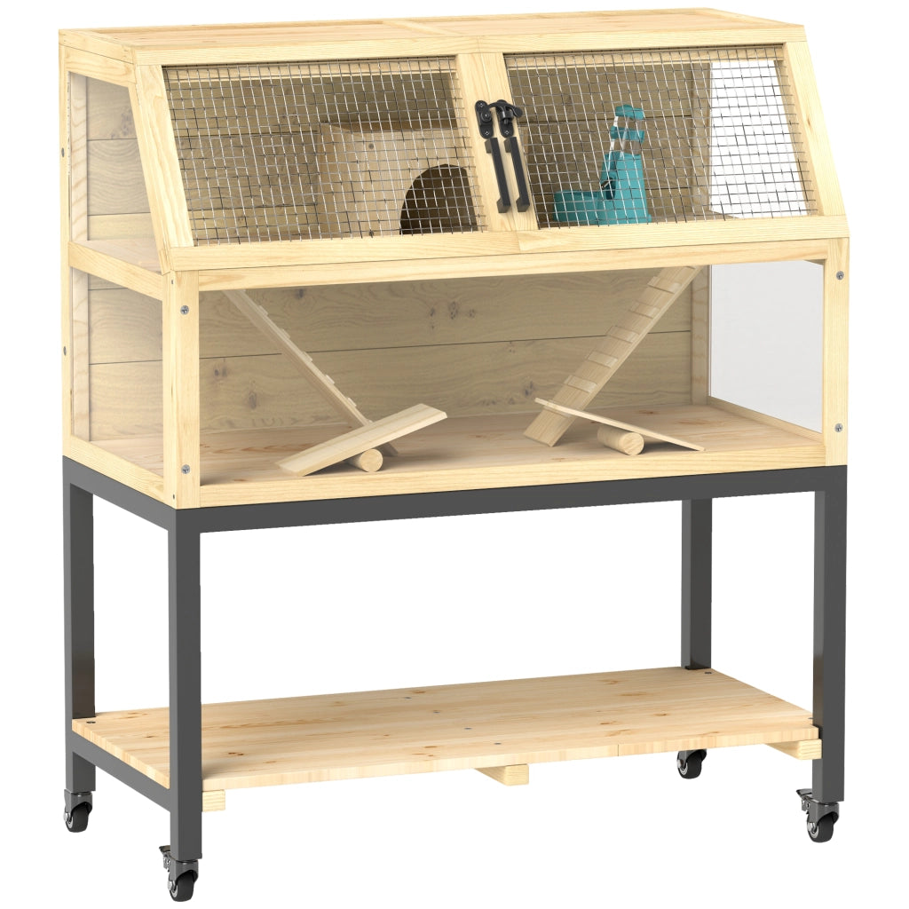 Scaffale per piccoli animali a due livelli con rampe, ripiani e ruote in legno e metallo naturale 87 × 43 × 101 cm