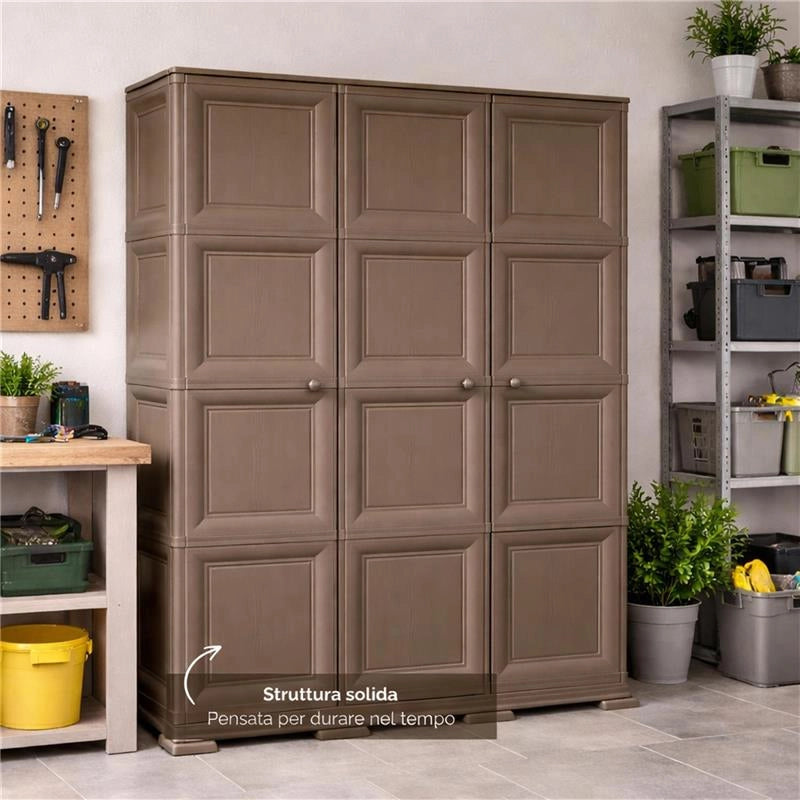 ARMADIO 3 ANTE WENGÉ 118X43X164 CM CON PUNTALI E ANTE EFFETTO LEGNO, MOBILE CONTENITORE ALTO PER ZONA GIORNO E BALCONE COPERTO