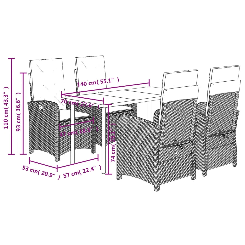 Set da Pranzo da Giardino 5 pz Nero con Cuscini in Polyrattan
