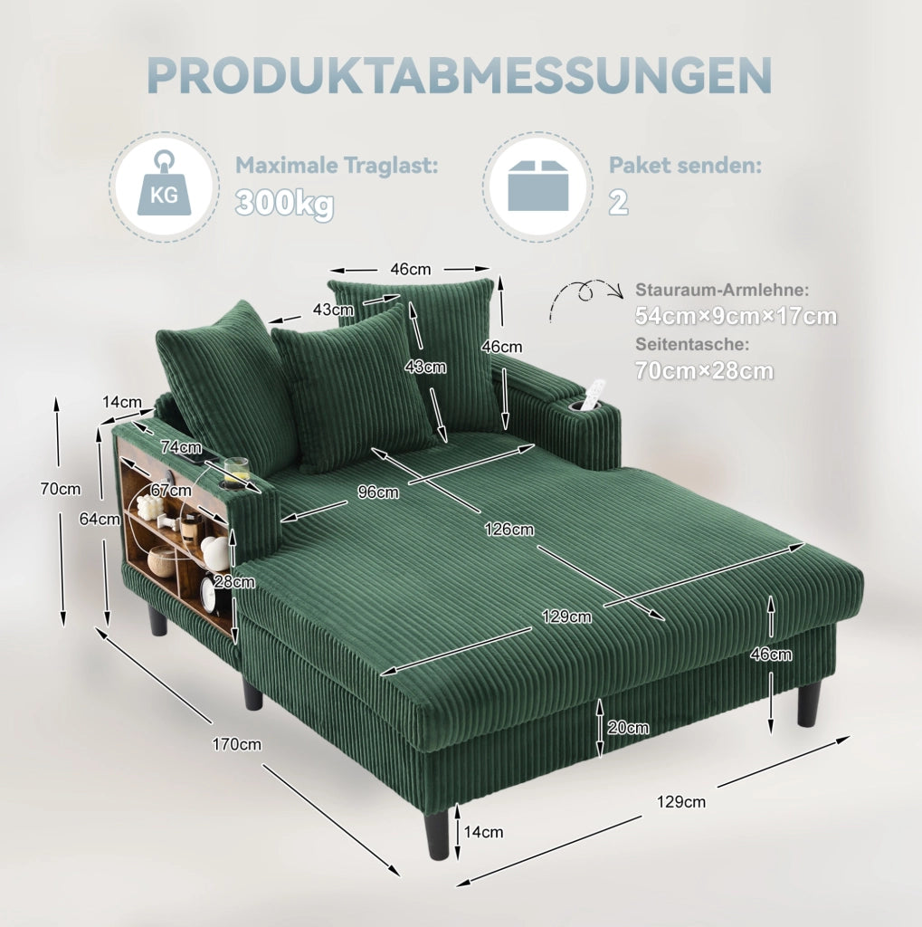 Chaiselongue in velluto a coste smeraldo con LED, portaoggetti e USB