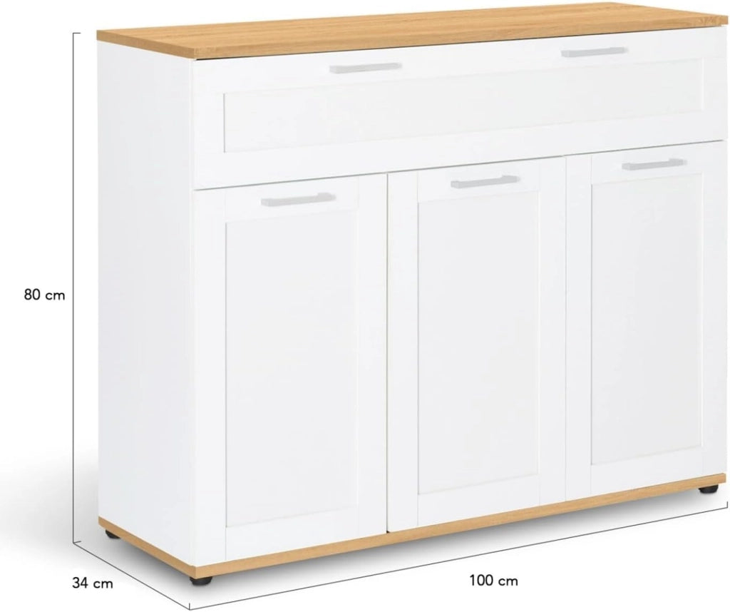 IDMarket - Credenza VITO 100 cm con 3 ante e 1 cassetto, bianco e piano in legno