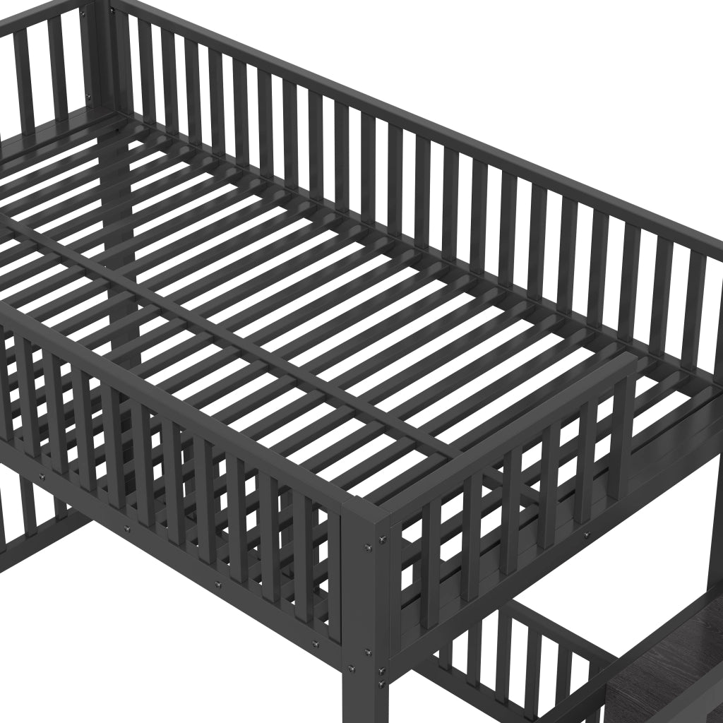 Letto a castello 90×200 cm, letto 2 posti con LED, scala con contenitore, senza materasso, nero