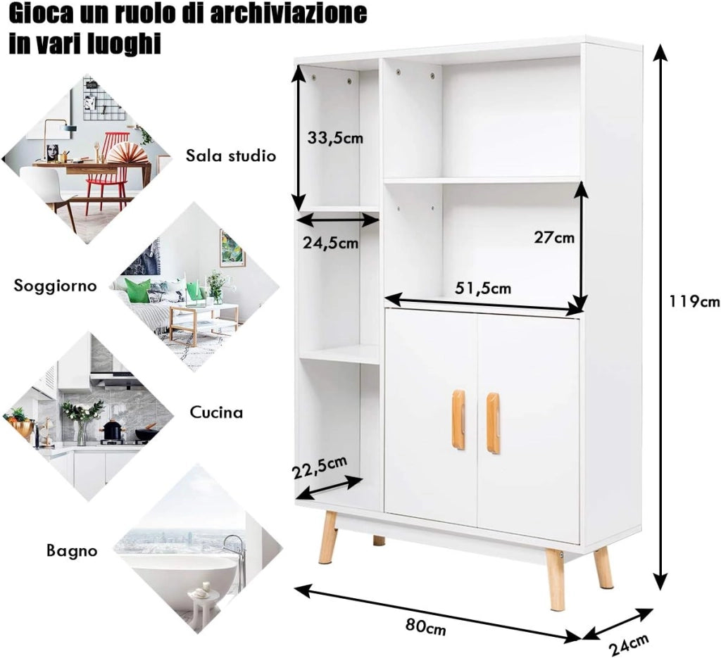 Armadietto Legno Mobile Soggiorno Scaffale Libreria Armadio Mobile, con 5 Scompartimenti, 119x80x24cm, Bianco