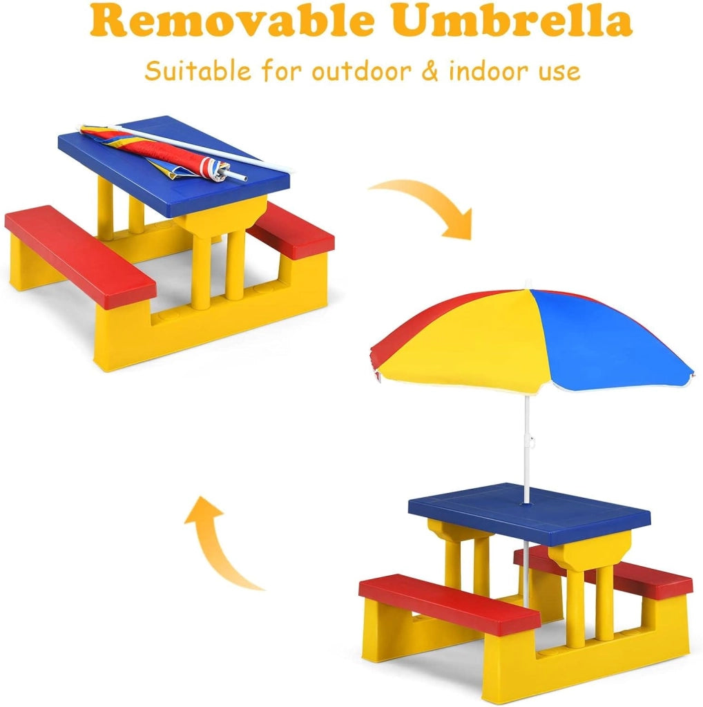 Set di sedie per bambini con ombrellone, mobili per bambini con 1 tavolo e 2 panche, set per bambini in polipropilene, set da picnic per parco, giardino, campeggio, blu, rosso, giallo