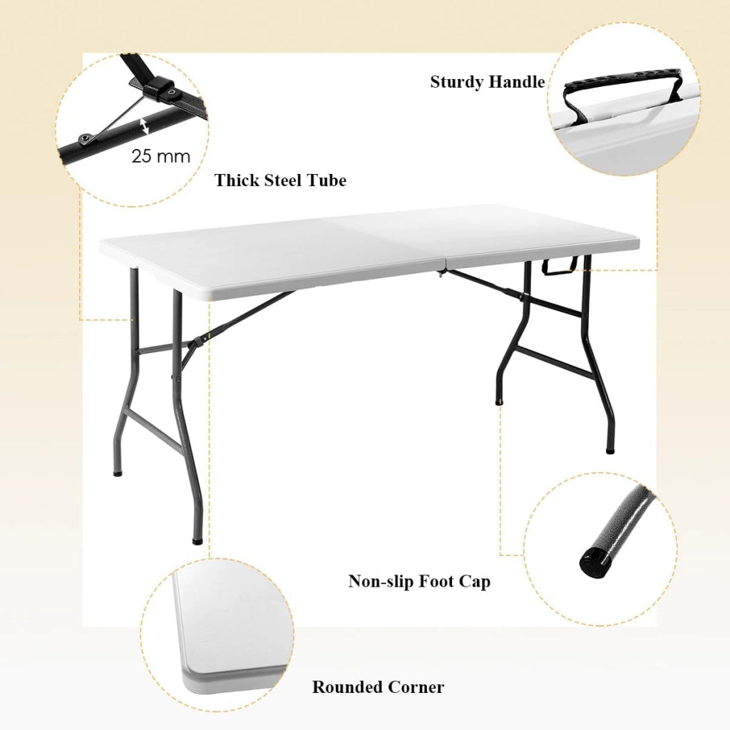 Tavolo Pieghevole e Portabile da Campeggio, Tavolino da Esterno in HDPE con Piedini Antiscivolo, Tavolo da Giardino Rettangolare da Picnic, Spiaggia, Feste, Bianco, 153 x 74 x 73 cm