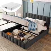 Letto imbottito 140x200 - Xylo - Idraulico, grigio, con materasso