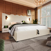 Letto contenitore 180x200 cm in velluto a coste con lampade LED, USB e Type-C, beige-bianco