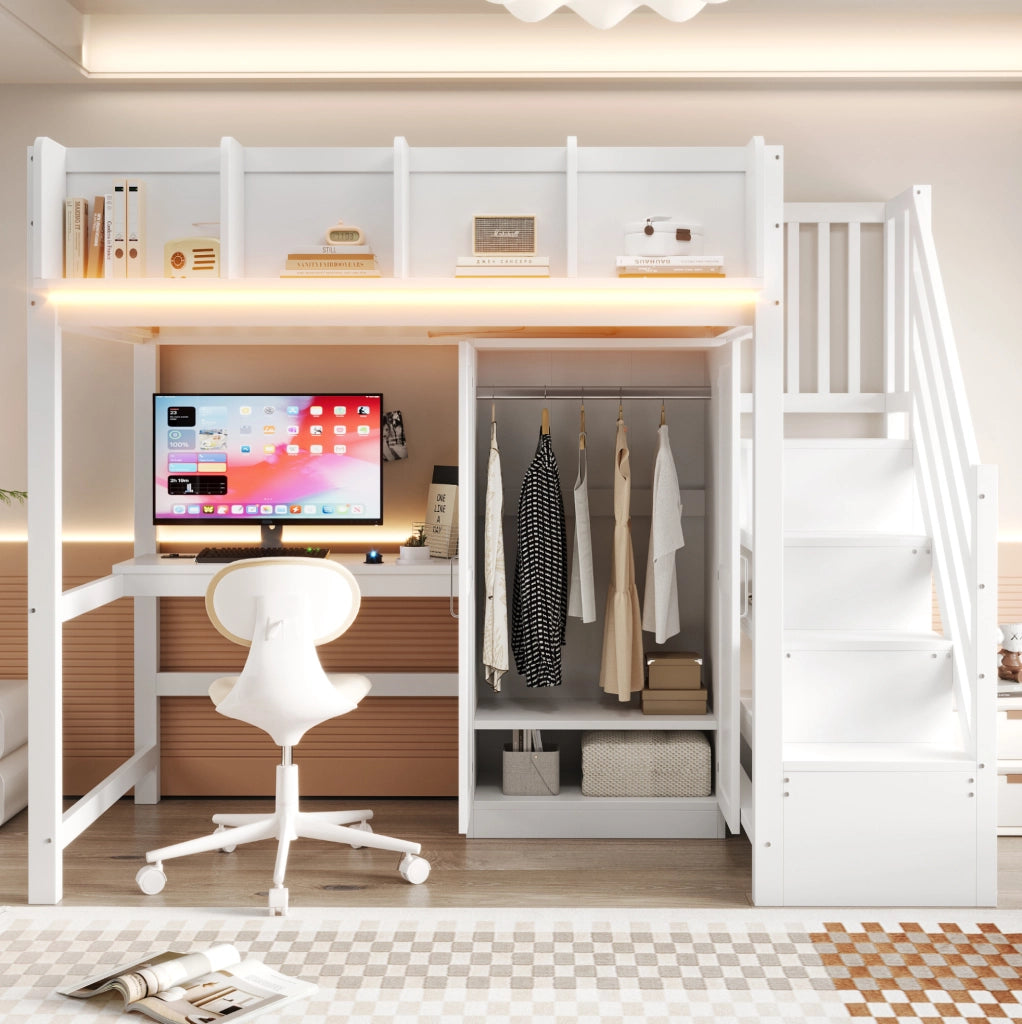 Letto a soppalco 90x200 cm in legno bianco con scrivania; armadio; scala portaoggetti e LED