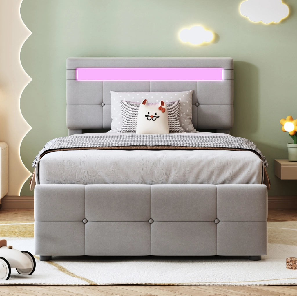 Letto imbottito per bambini 90x200 cm con LED e contenitore