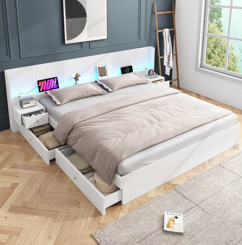 Letto matrimoniale 180x200 cm con LED, USB e cassetti