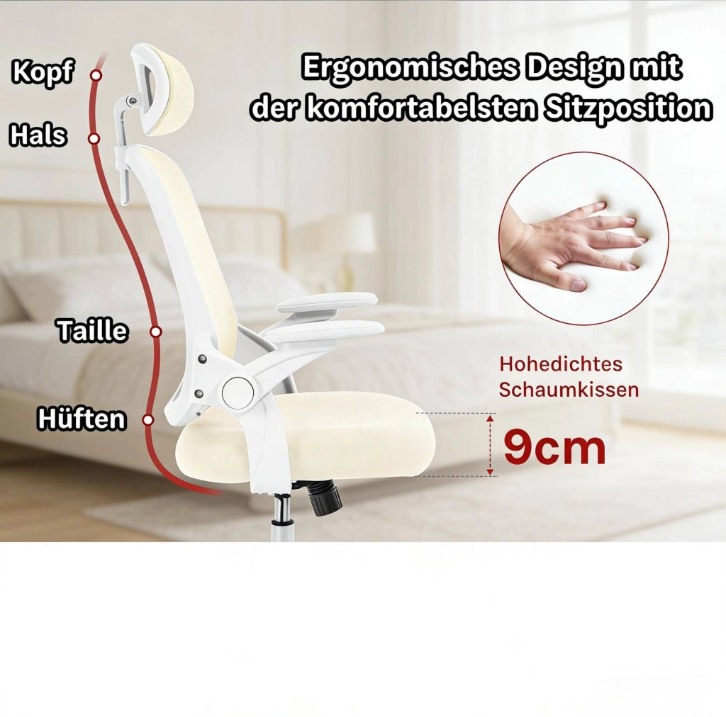 Sedia da ufficio ergonomica beige con poggiatesta e braccioli 3D