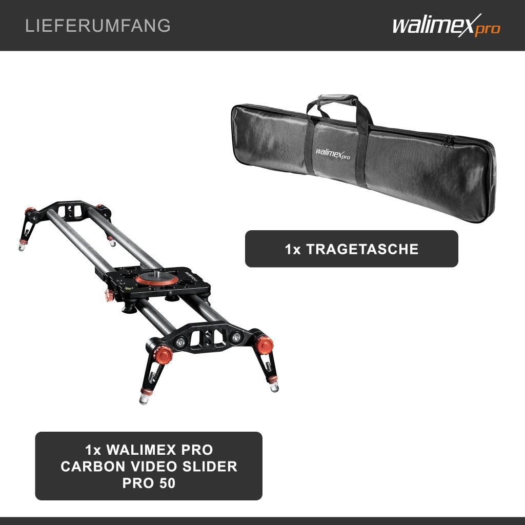 Walimex Pro Carbon Video Slider Pro (50 cm, movimenti fluidi della fotocamera, inclusa borsa per il trasporto e livella) nero