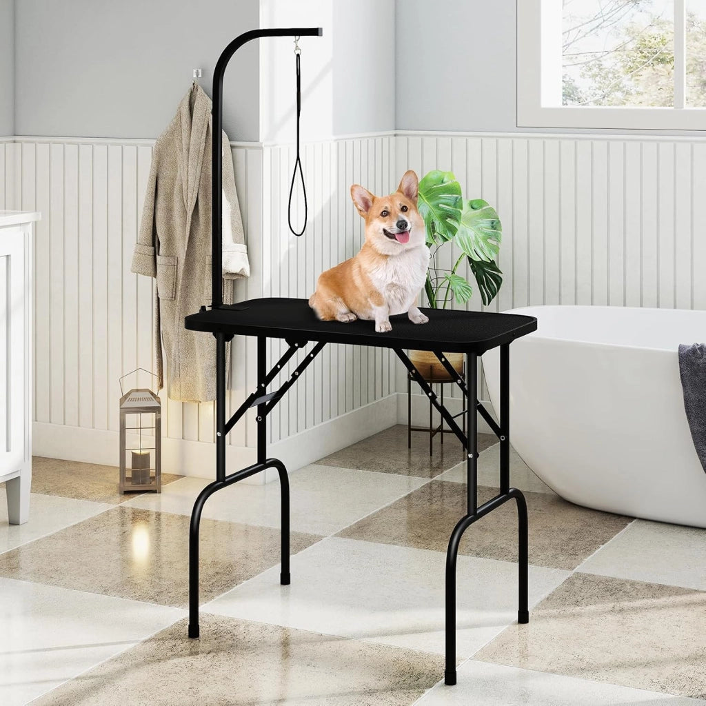 Tavolo Toelettatura e Tosatura per Animali, Accessori Pieghevole per Toilette per Cani con Bracci Regolabili in Altezza,Cappio e Piano Antiscivolo, Portata 100 kg (80,5 x 46 x 146 cm)