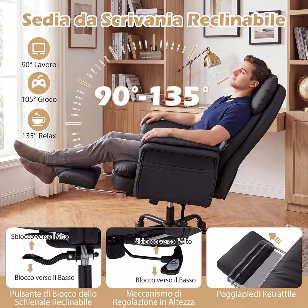 Sedia da Ufficio Ergonomica, Portata 150 kg (Nero) | Sedia Scrivania con Rotelle Girevole, Braccioli Regolabili su 5 Livelli e Poggiapiedi Retrattile, per Casa e Ufficio