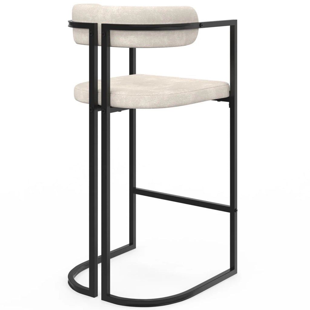 IDMarket - Set di 4 sgabelli da bar RONDY in tessuto ciniglia ecru con braccioli e gambe in metallo nero