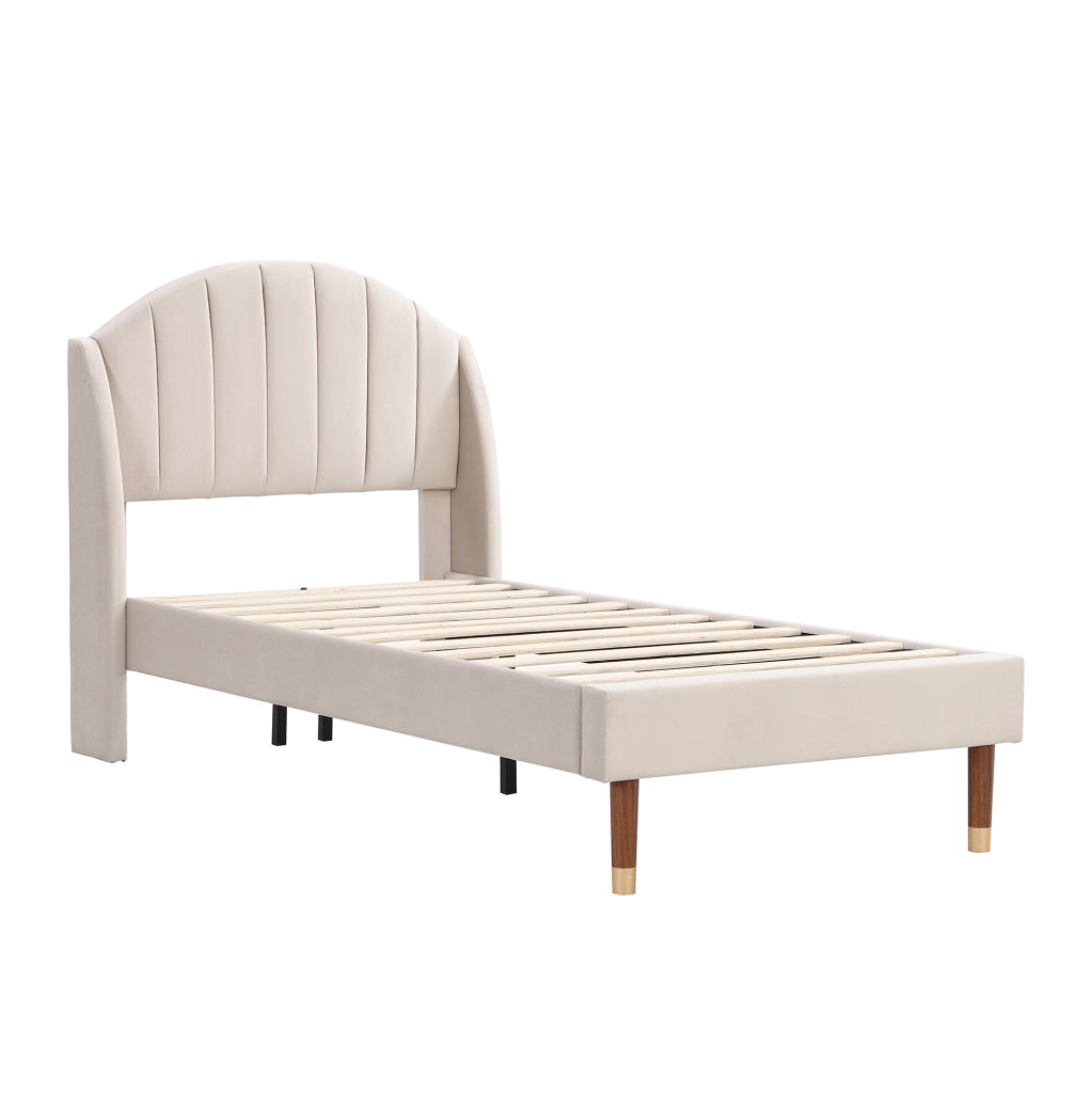 Letto imbottito 90x200 cm in velluto beige con rete a doghe e testiera