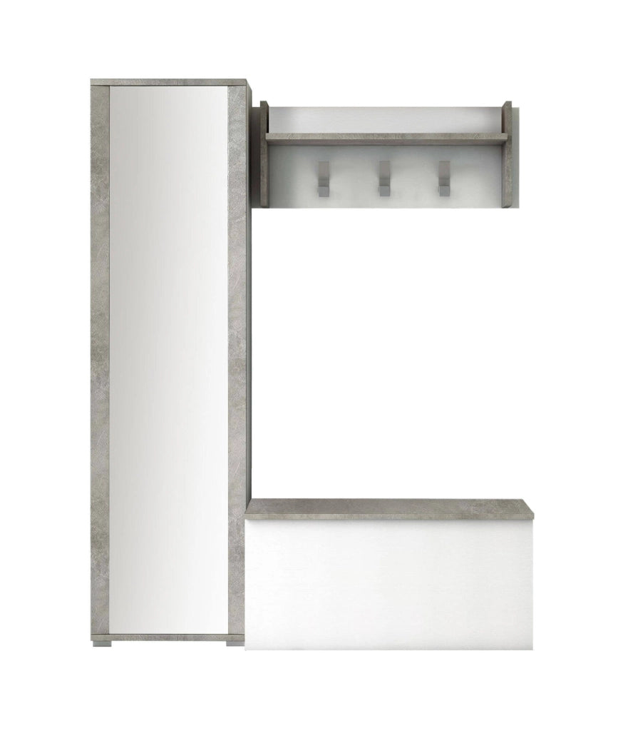 Mobile da ingresso Tanzanite, Entratina moderna con appendiabiti, Mobile con scarpiera, Armadietto con specchio, Cm 50x32h182, Bianco e Cemento