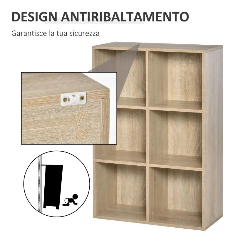 MOBILE LIBRERIA MODERNO A 6 CUBI IN LEGNO, 65.5X30X97.5 CM, COLOR ROVERE