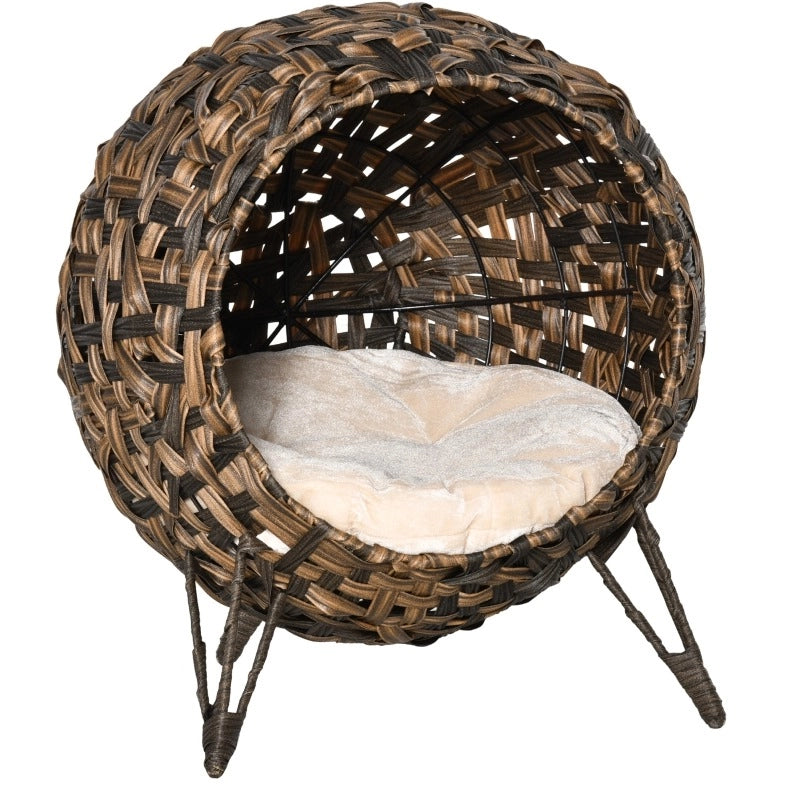 Cuccia rialzata per gatti in rattan PE con cuscino marrone
