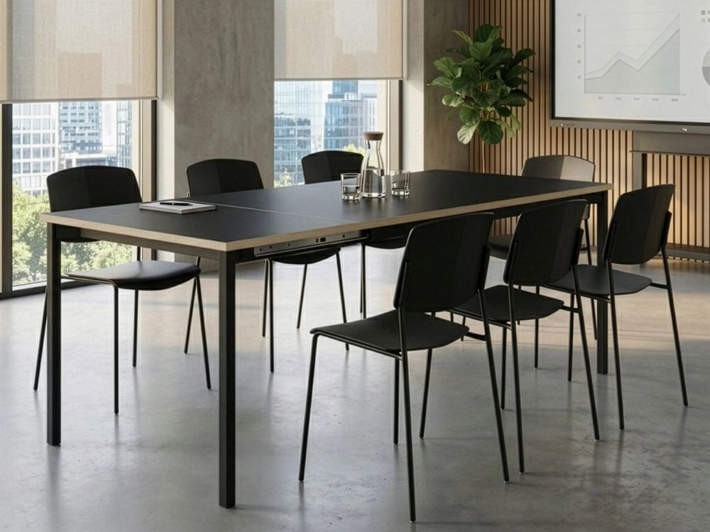 Tavolo da conferenza allungabile in MDF nero 140/190 x 90 cm con struttura in acciaio, moderno, per l'ufficio domestico