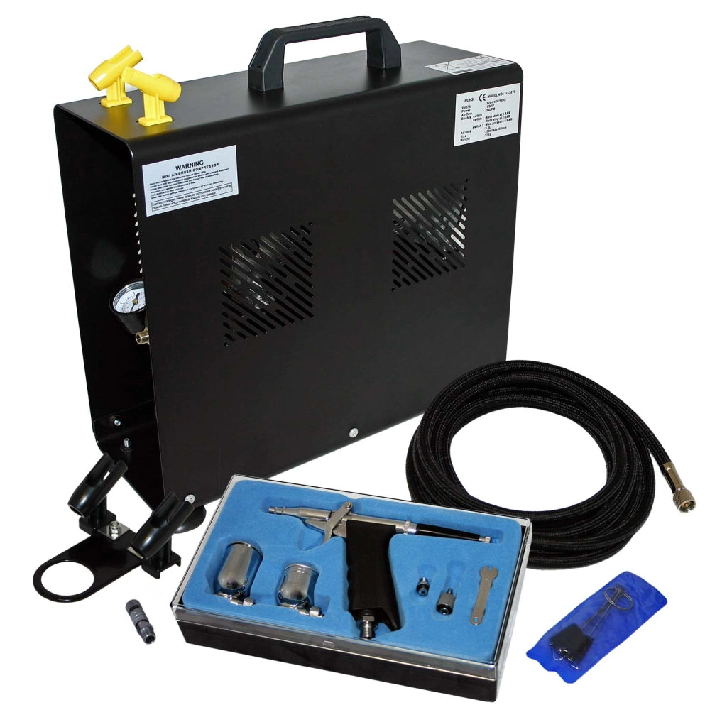 Set aerografia Compressore oil free AS196A, Aerografo doppia azione, Accessori con tubo e raccordi