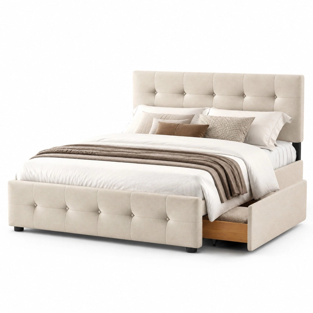 Letto imbottito 140x200 cm con 4 cassetti; struttura in acciaio; beige