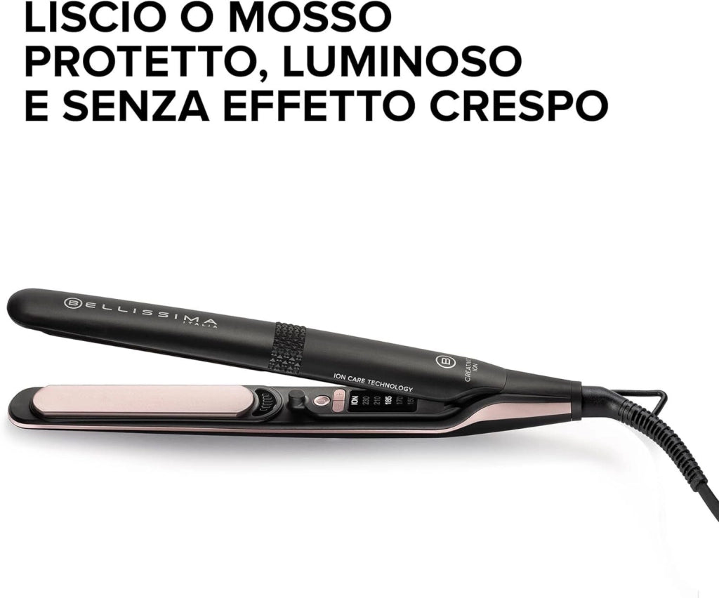 Bellissima 11875 Creativity Ion Piastra per capelli Ionizzatore Ceramica Diamond Cheratina 5 Temperature 150 230°C Funzione Memory colore Nero Rosa
