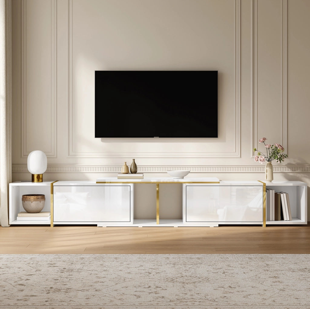 Mobile TV estensibile bianco lucido con vani aperti