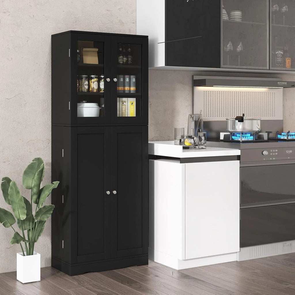 Armadietto portaoggetti da 161,3 cm, autoportante, alto, per cucina, bagno, soggiorno, ufficio, credenza in legno con ante e ripiani in vetro, 31,8 x 61 x 161,3 cm (nero)