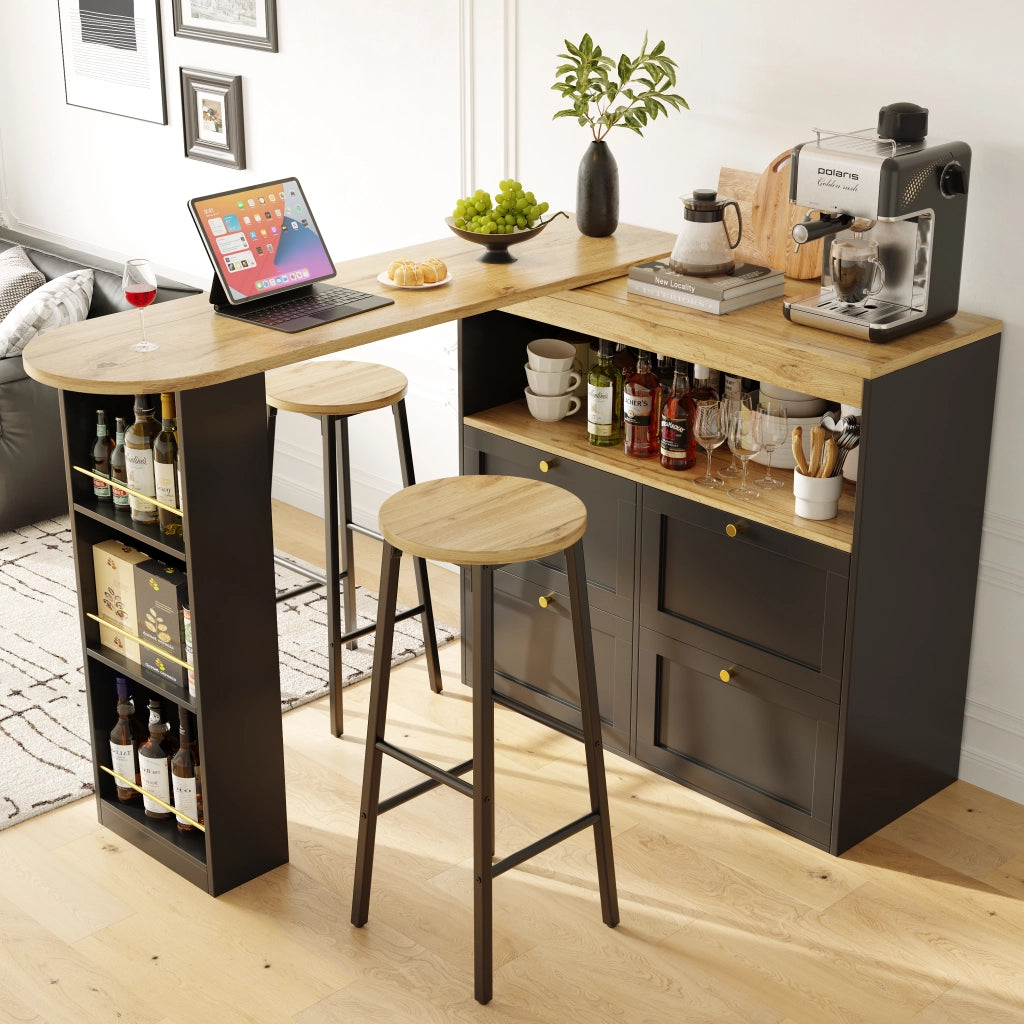 Sgabello da bar set da 2 con doppio poggiapiedi e piedini regolabili in metallo nero e seduta effetto legno 70 cm