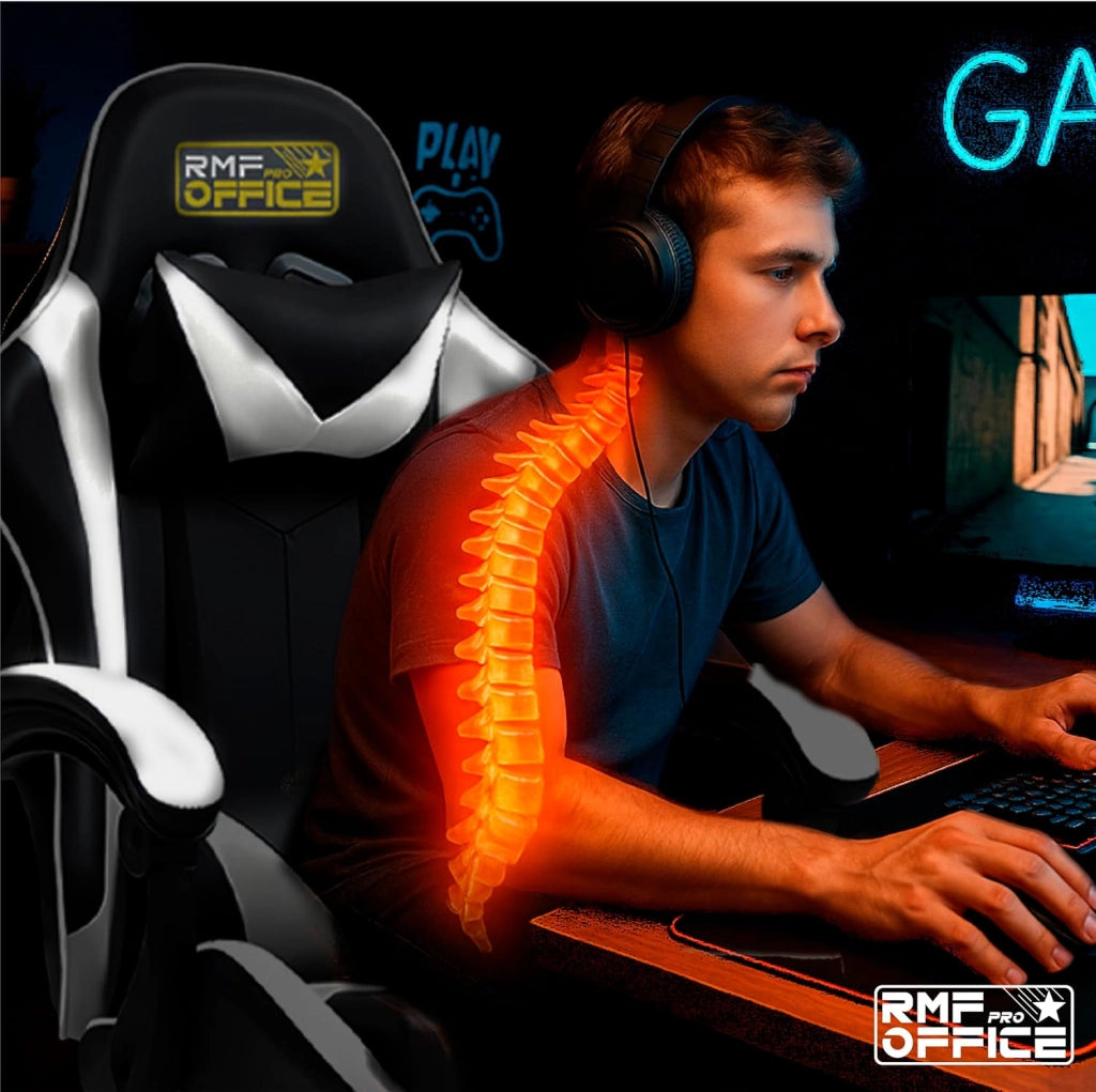 RMF Sedia Gaming Professionale Ergonomica Reclinabile, Poltrona Gaming Seduta Comoda e Rilassante con Poggiapiedi - Sedia per Gamer con Ruote Girevoli, Altezza Regolabile (Bianca-Nero)