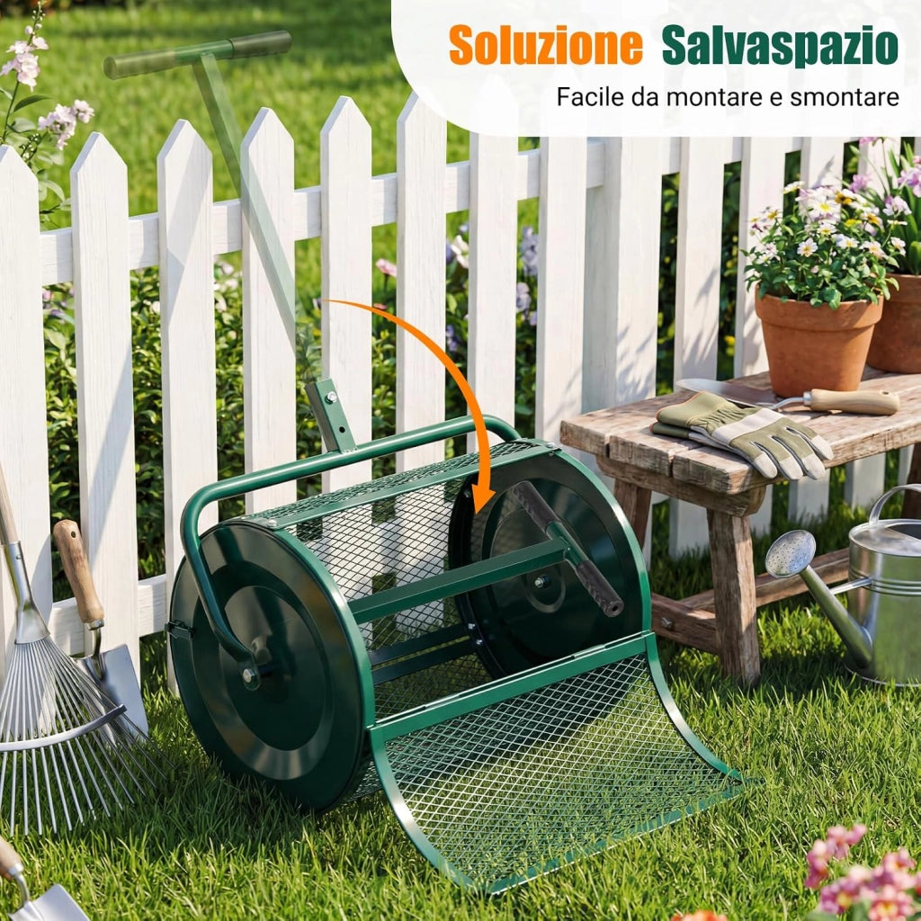 Spandiconcime a Rullo, Rullo da Giardino con Impugnatura Pratica Chiusure Laterali e Rete in Metallo per Concimazione e Semina, Spandiconcime per Prato e Giardino (40 x 61 cm Verde)