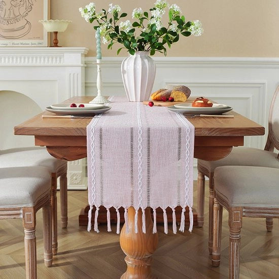 Tavolo da pranzo a strisce - Tavolo da pranzo a strisce con punti ricamati - Tavolo da pranzo bohemiano con strisce - Dimensioni 33x240cm