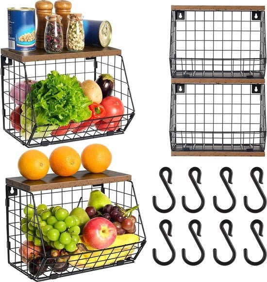 Fruitiera a muro 2 piani 30 x 16 x 21 cm - Coperchio in legno e ganci - Griglia in acciaio inossidabile per cucina - Raccoglitore di frutta a pile - Scaffale a muro per frutta