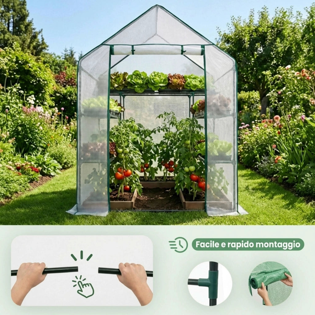 Mini serra da giardino a casetta con struttura in metallo e telo in PE con ripiani 1 porta Bianco 143x73x195 cm