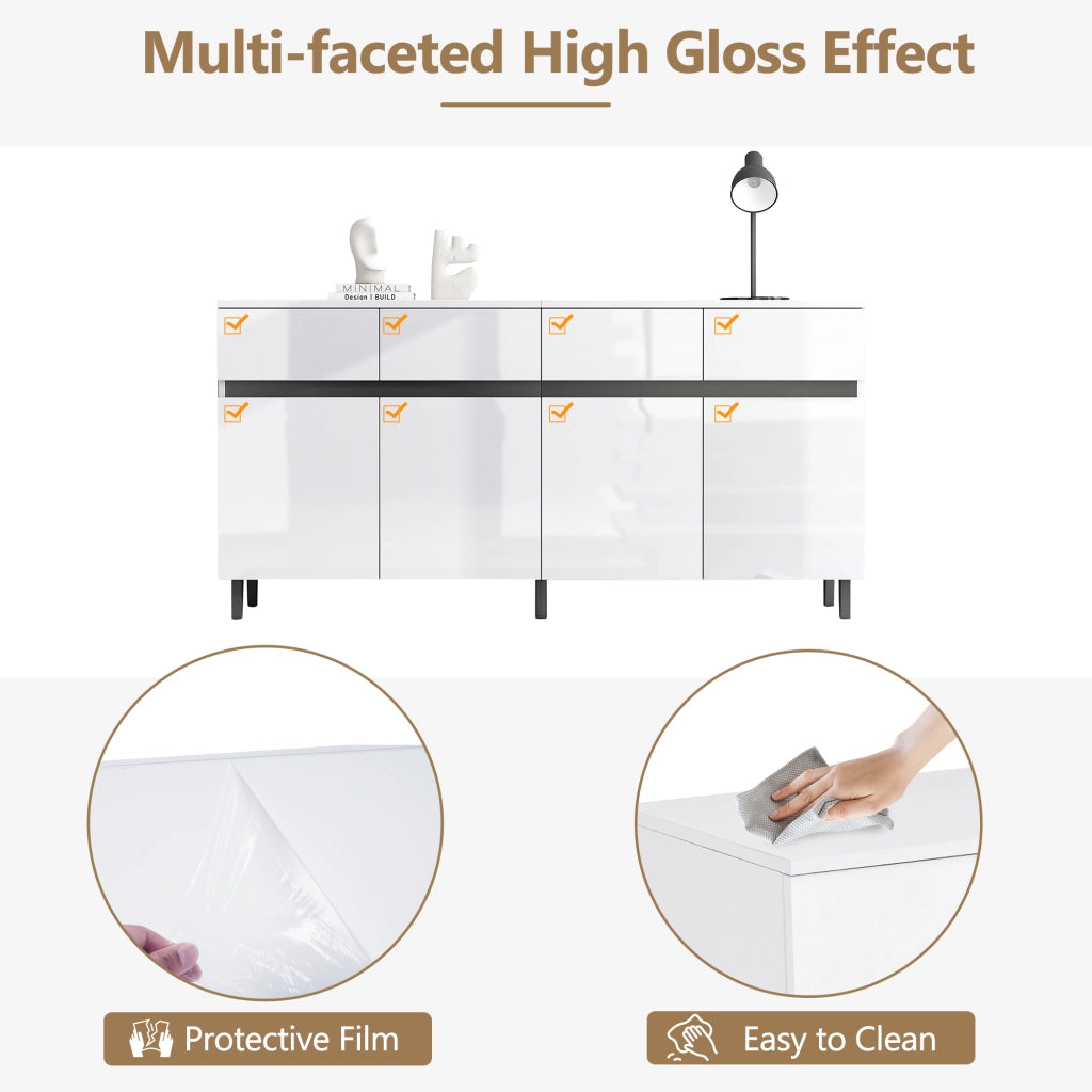 Credenza moderna lucida con 4 cassetti, 2 ante e ripiani regolabili per soggiorno e sala da pranzo in truciolato bianco 160 × 40 × 68 cm