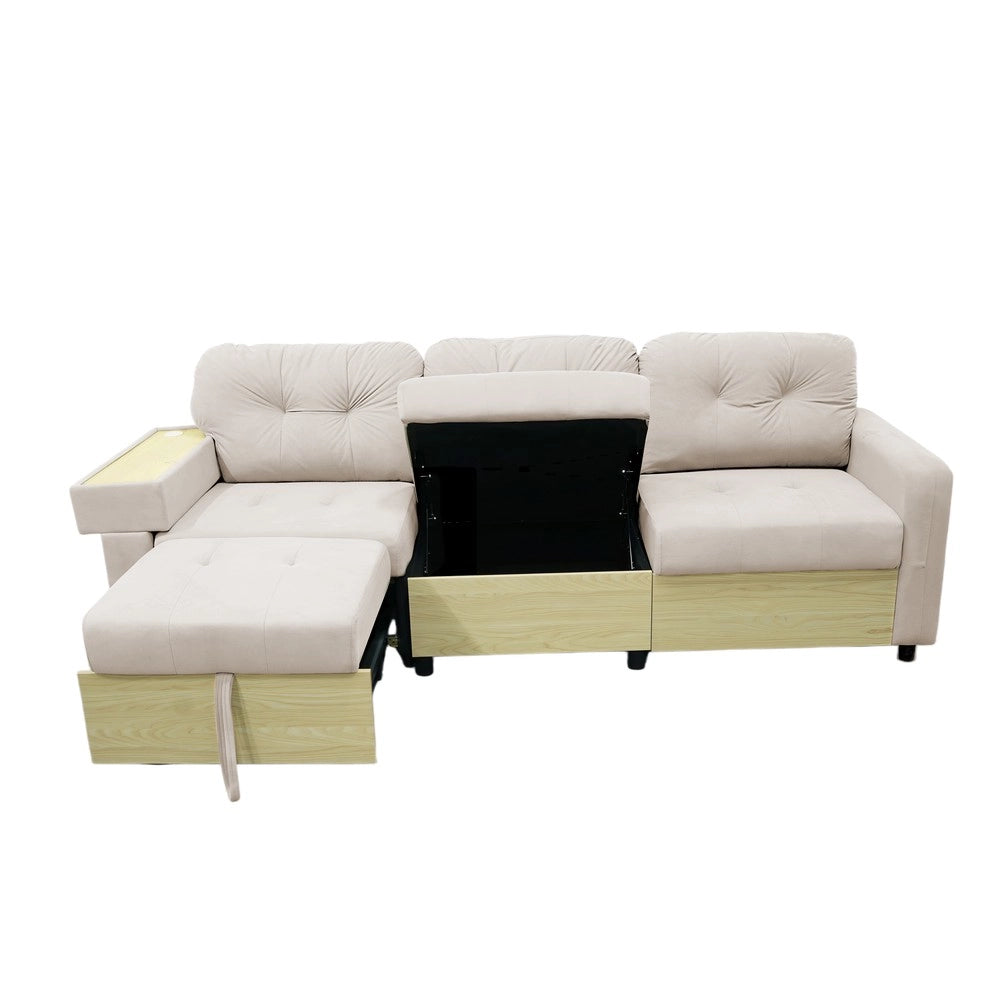 Divano Angolare 3 Posti con Penisola Estraibile ¨C MINIMAL ¨C Velluto Verde/Beige, Contenitore, Braccioli in Legno