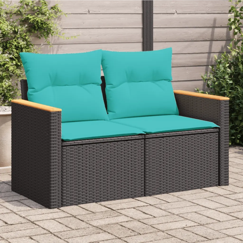 Divano da giardino con cuscini 2 Posti-Sofa da Giardino-Divano da esterno nero in polyrattan 313227