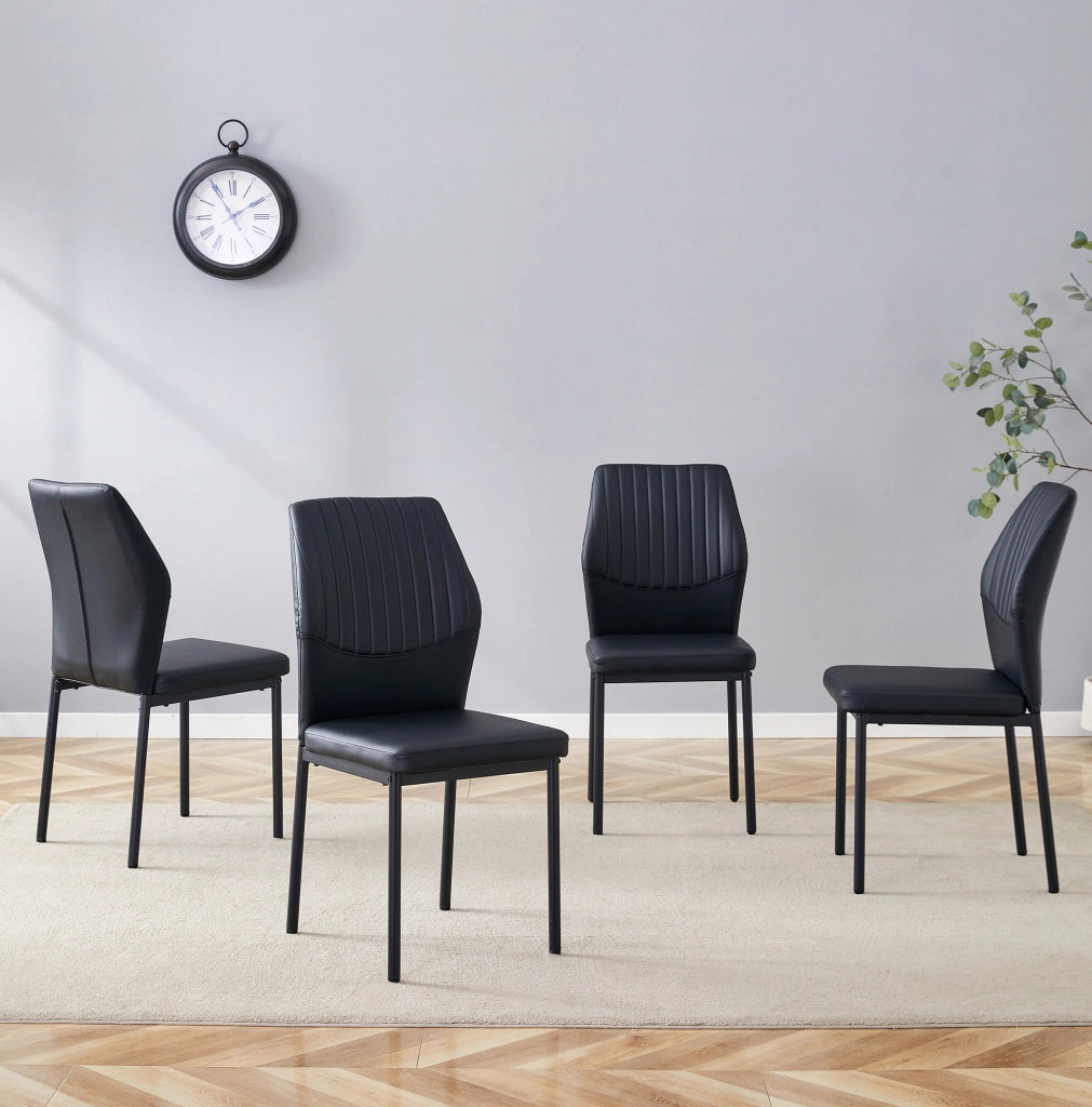 Set di 4 sedie da pranzo nere in PU con schienale a coste e gambe in metallo; h 93 cm