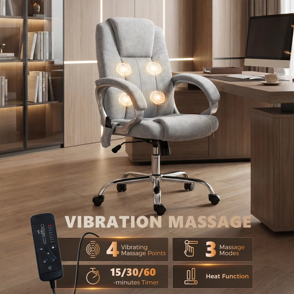 Poltrona da Ufficio Massaggiante a 4 Punti con Riscaldamento e Braccioli, Sedia Ergonomica Grigio per Casa e Studio
